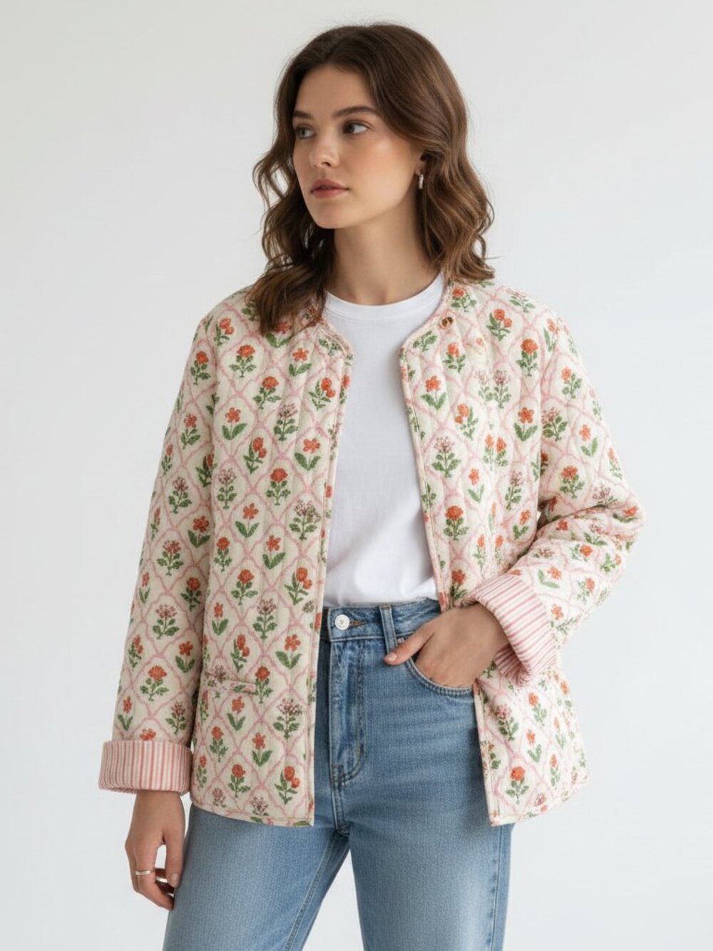 Floral Quilted Jacket Lightweight Spring Size Medium